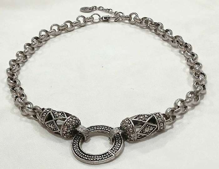 Vintage Chunky Silvertone Necklace | Signed D&H | Statement Chain with Geometric Pendant