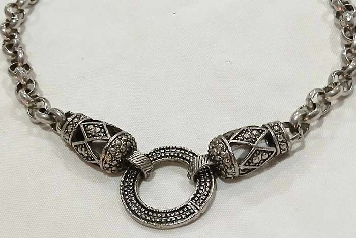 Vintage Chunky Silvertone Necklace | Signed D&H | Statement Chain with Geometric Pendant
