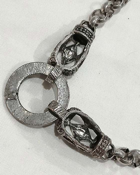 Vintage Chunky Silvertone Necklace | Signed D&H | Statement Chain with Geometric Pendant