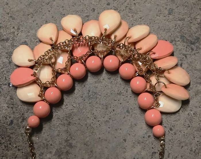 Vintage Coral-Toned Bib Statement Necklace | Faceted Drops & Graduated Beads | Gold-Tone Chain
