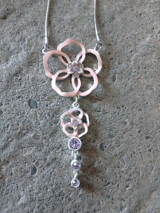 Vintage Pilgrim Necklace | Pink Enamel & Purple Crystal Floral | Danish Silver-Tone Design