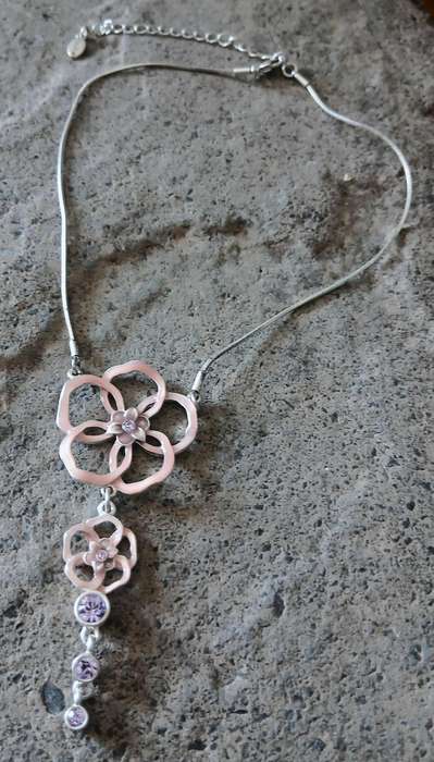 Vintage Pilgrim Necklace | Pink Enamel & Purple Crystal Floral | Danish Silver-Tone Design