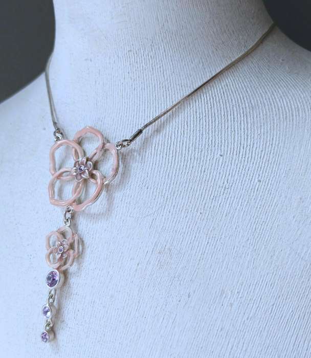 Vintage Pilgrim Necklace | Pink Enamel & Purple Crystal Floral | Danish Silver-Tone Design