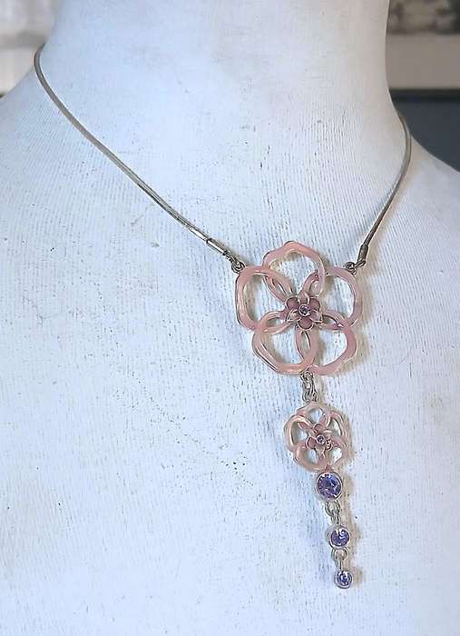 Vintage Pilgrim Necklace | Pink Enamel & Purple Crystal Floral | Danish Silver-Tone Design