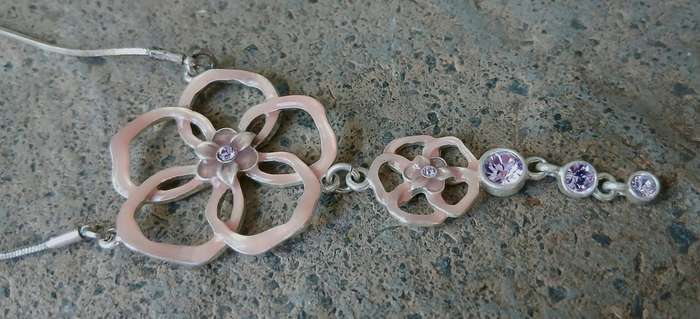 Vintage Pilgrim Necklace | Pink Enamel & Purple Crystal Floral | Danish Silver-Tone Design