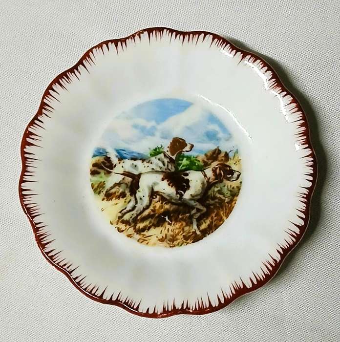 Vintage English Bone China Pin Dish | Hunting Dogs Scene | Ruffled Edge with Maroon Trim