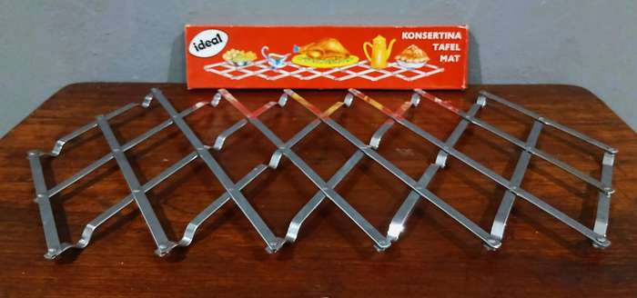 Vintage Expanding Table Mat by Ideal | Stainless Steel Concertina Trivet in Original Box