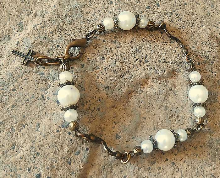 Vintage Faux Pearl Necklace & Bracelet Set | Antiqued Brass with Cross Charms | Rosary Style