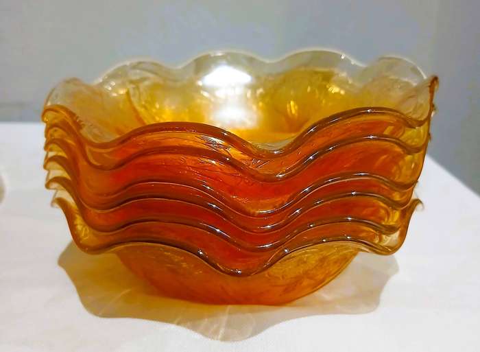 Vintage Floragold Carnival Glass Dessert Set | Iridescent Marigold with Floral Motif