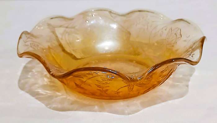 Vintage Floragold Carnival Glass Dessert Set | Iridescent Marigold with Floral Motif