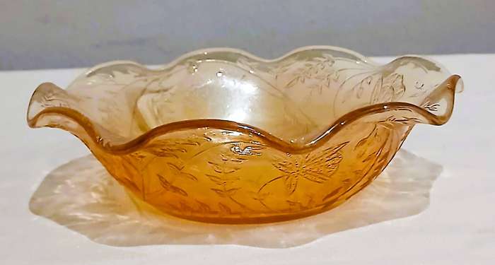 Vintage Floragold Carnival Glass Dessert Set | Iridescent Marigold with Floral Motif
