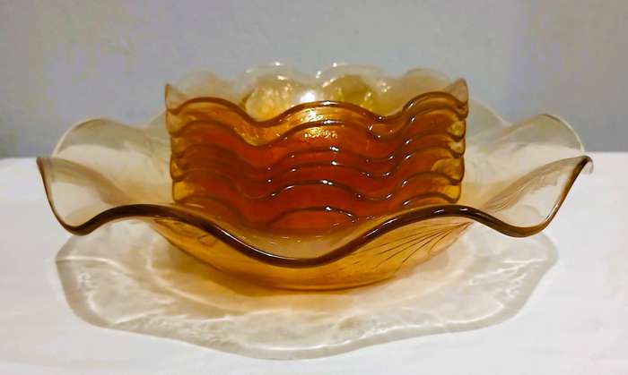 Vintage Floragold Carnival Glass Dessert Set | Iridescent Marigold with Floral Motif