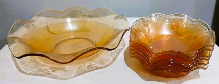 Vintage Floragold Carnival Glass Dessert Set | Iridescent Marigold with Floral Motif