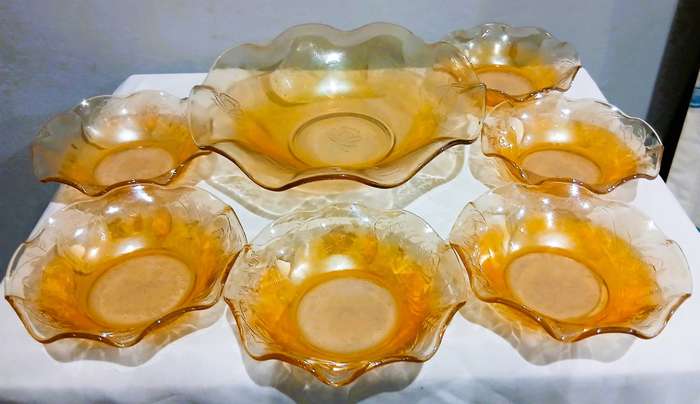 Vintage Floragold Carnival Glass Dessert Set | Iridescent Marigold with Floral Motif