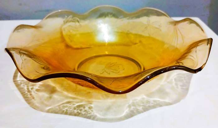 Vintage Floragold Carnival Glass Dessert Set | Iridescent Marigold with Floral Motif