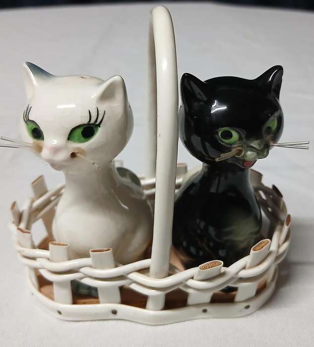 Vintage Goebel West Germany Cat Salt & Pepper Shakers | Black & White Cats in Basket