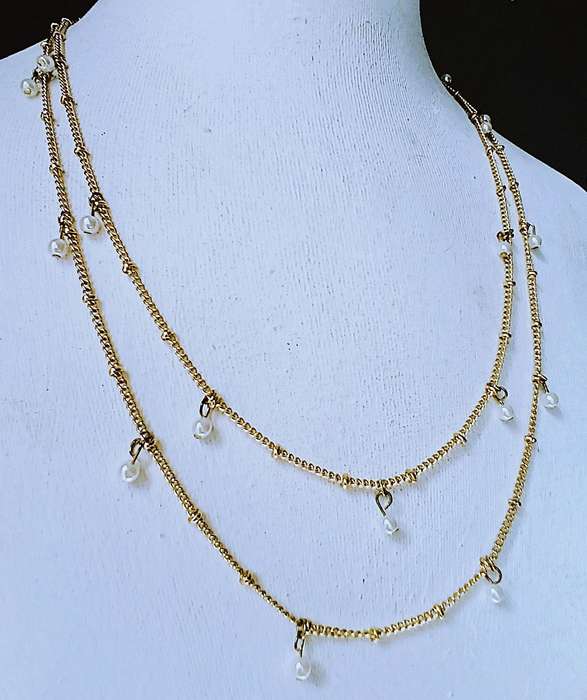 Vintage Gold-Tone Double Strand Necklace | Dangling Faux Pearl Charms | Classic Layered Elegance