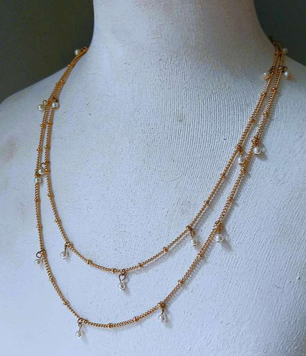 Vintage Gold-Tone Double Strand Necklace | Dangling Faux Pearl Charms | Classic Layered Elegance