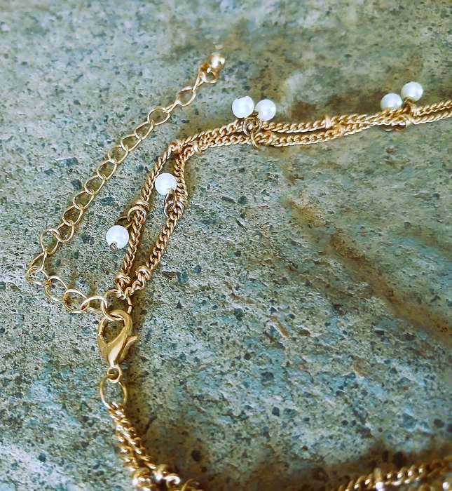 Vintage Gold-Tone Double Strand Necklace | Dangling Faux Pearl Charms | Classic Layered Elegance