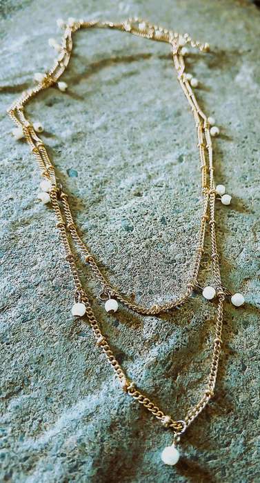 Vintage Gold-Tone Double Strand Necklace | Dangling Faux Pearl Charms | Classic Layered Elegance