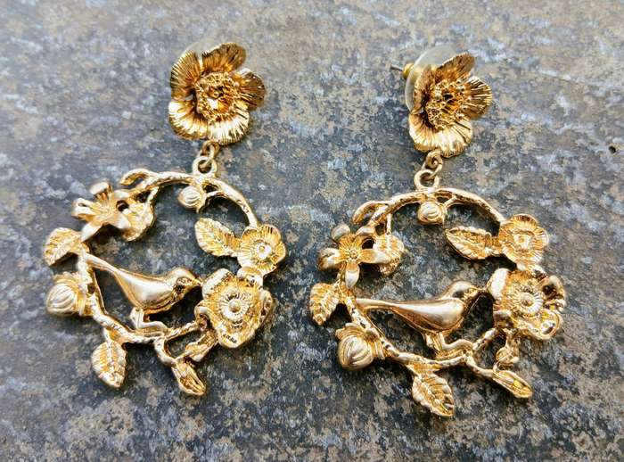 Vintage Gold-Tone Earrings | Bird & Floral Art Nouveau Revival