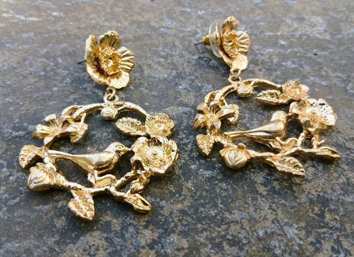 Vintage Gold-Tone Earrings | Bird & Floral Art Nouveau Revival