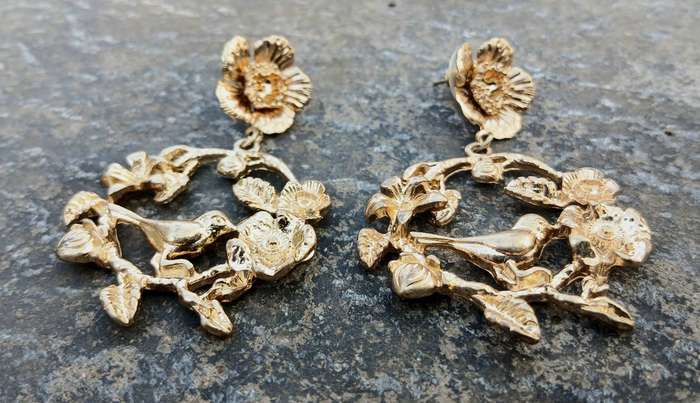 Vintage Gold-Tone Earrings | Bird & Floral Art Nouveau Revival
