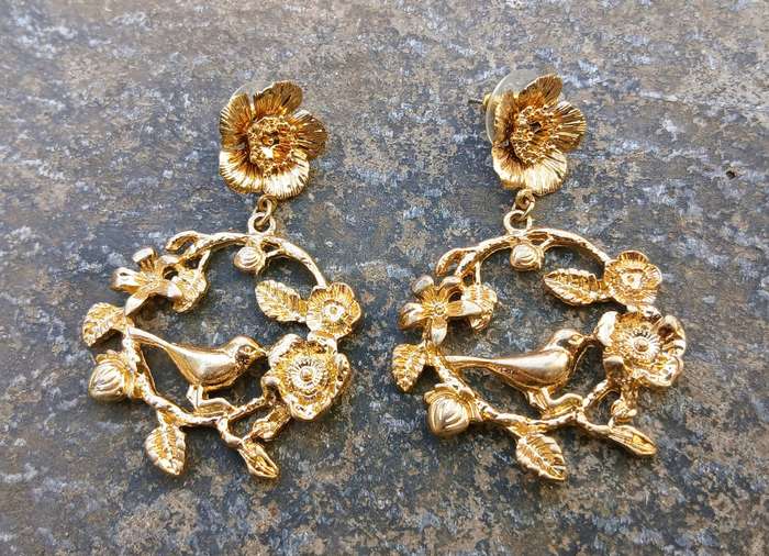 Vintage Gold-Tone Earrings | Bird & Floral Art Nouveau Revival