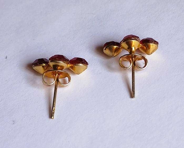 Vintage Gold Tone Stud Earrings | Triple Ruby Red Rhinestones