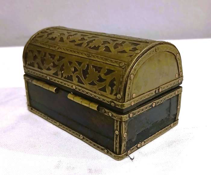 Vintage Indian Brass & Wood Treasure Chest Box | Ornate Trinket Holder