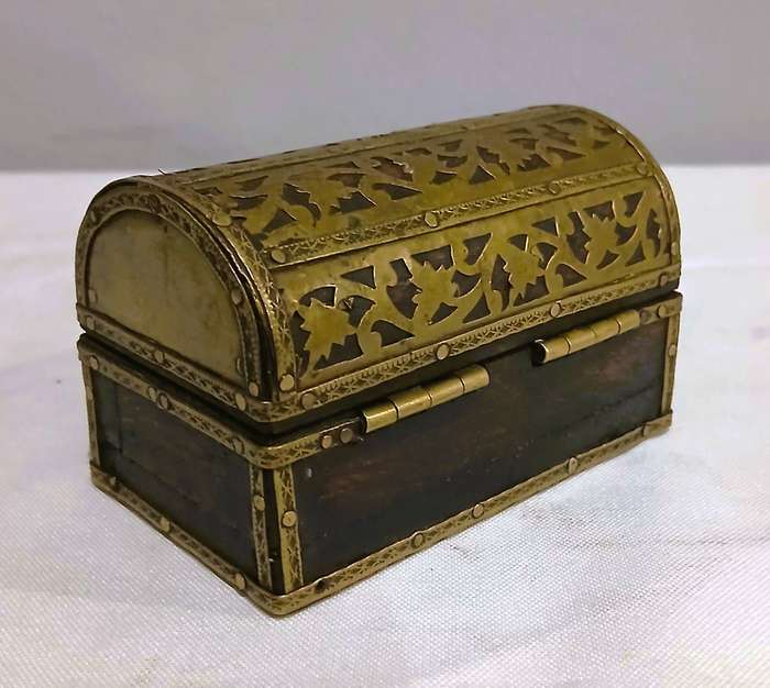 Vintage Indian Brass & Wood Treasure Chest Box | Ornate Trinket Holder
