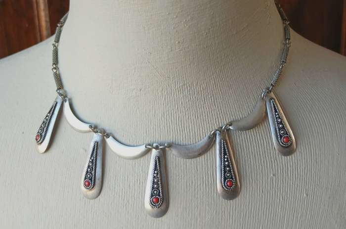 Vintage Israeli Sterling Silver Necklace | Carnelian Bib Design