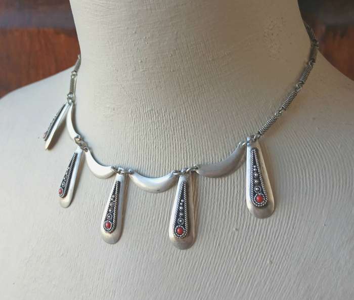 Vintage Israeli Sterling Silver Necklace | Carnelian Bib Design