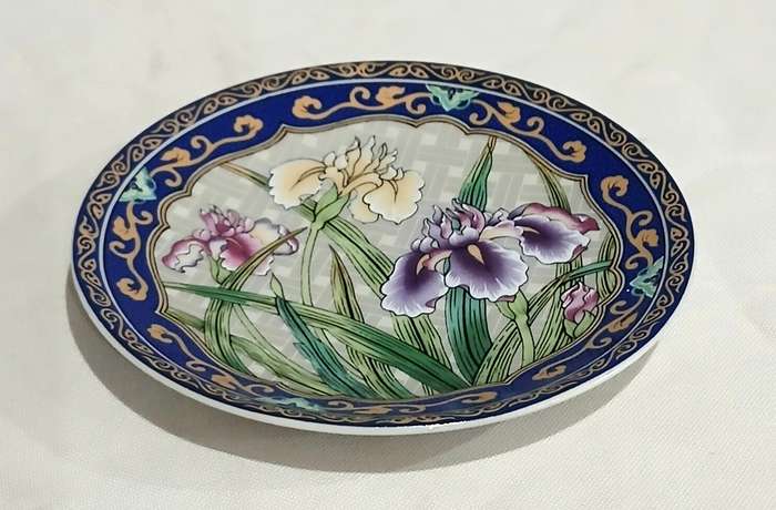 Vintage Japanese Kutani Porcelain Pin Dish | Hand-Decorated Iris Design