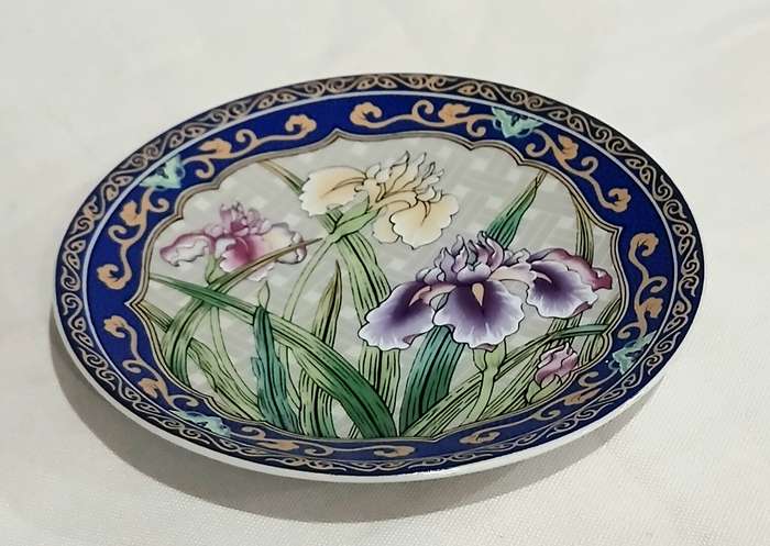 Vintage Japanese Kutani Porcelain Pin Dish | Hand-Decorated Iris Design