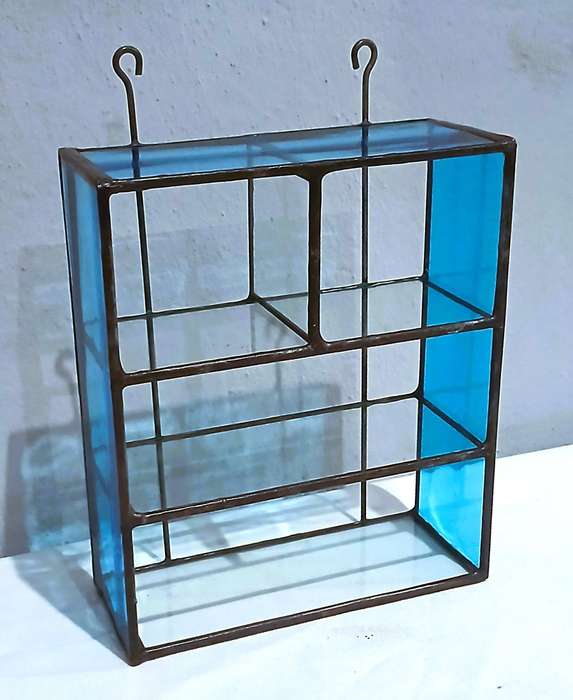 Vintage Leaded Stained Glass Wall Shelf | Bright Blue Glass Frame with 3 Clear Shelves