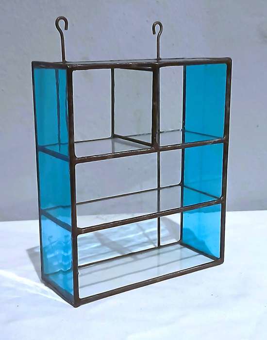 Vintage Leaded Stained Glass Wall Shelf | Bright Blue Glass Frame with 3 Clear Shelves