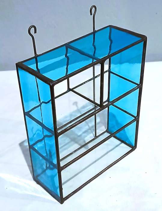 Vintage Leaded Stained Glass Wall Shelf | Bright Blue Glass Frame with 3 Clear Shelves