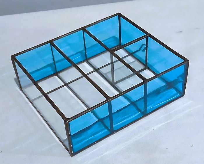 Vintage Leaded Stained Glass Wall Shelf | Bright Blue Glass Frame with 3 Clear Shelves
