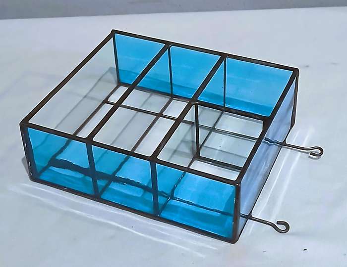 Vintage Leaded Stained Glass Wall Shelf | Bright Blue Glass Frame with 3 Clear Shelves
