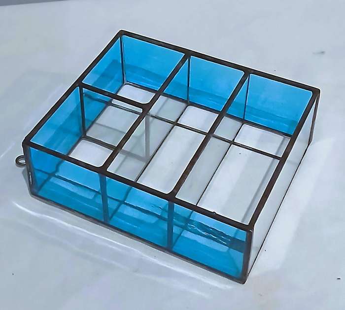 Vintage Leaded Stained Glass Wall Shelf | Bright Blue Glass Frame with 3 Clear Shelves