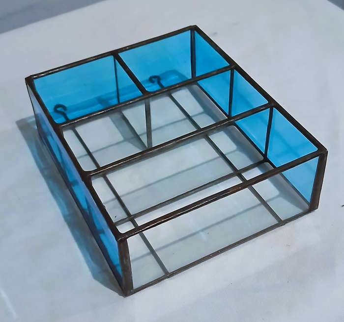 Vintage Leaded Stained Glass Wall Shelf | Bright Blue Glass Frame with 3 Clear Shelves