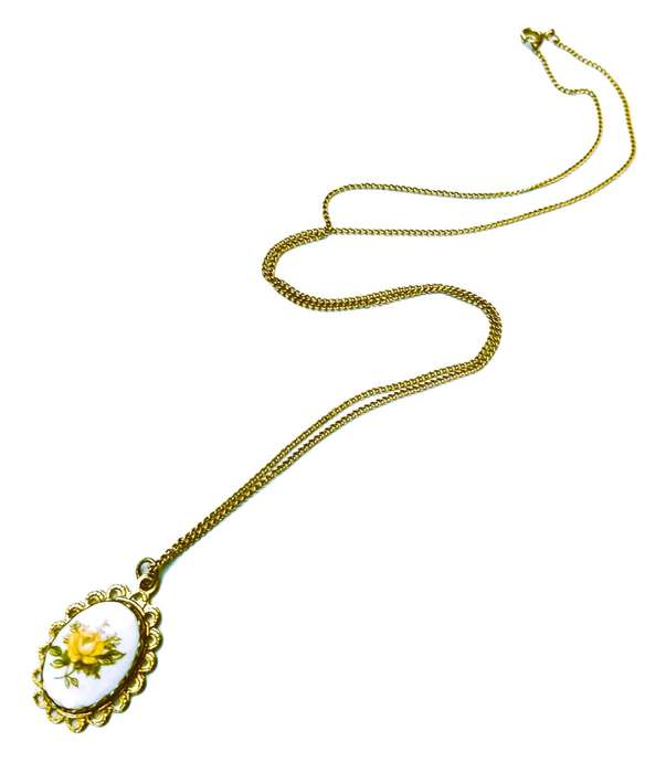 Vintage Limoges Porcelain Pendant Necklace | Yellow Rose in Gold Tone Frame