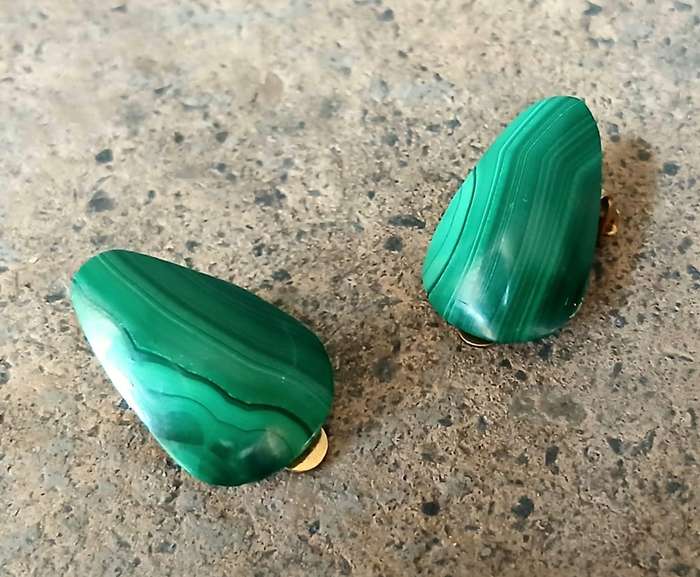 Vintage Malachite Clip-On Earrings | Polished Green Gemstone | Gold-Tone Backs