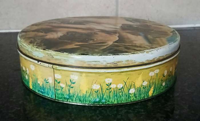 Vintage Mid-Century Tin Biscuit Tin | Boxer Puppies Design