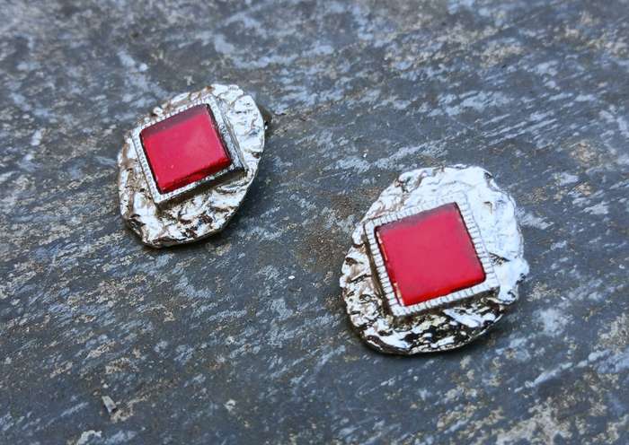 Vintage Modernist Silver-Tone Clip-On Earrings | Red Resin Accents