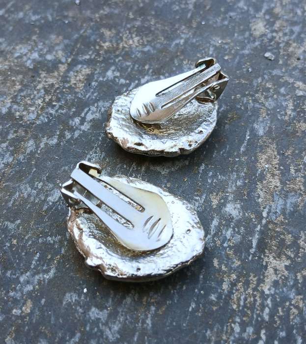 Vintage Modernist Silver-Tone Clip-On Earrings | Red Resin Accents