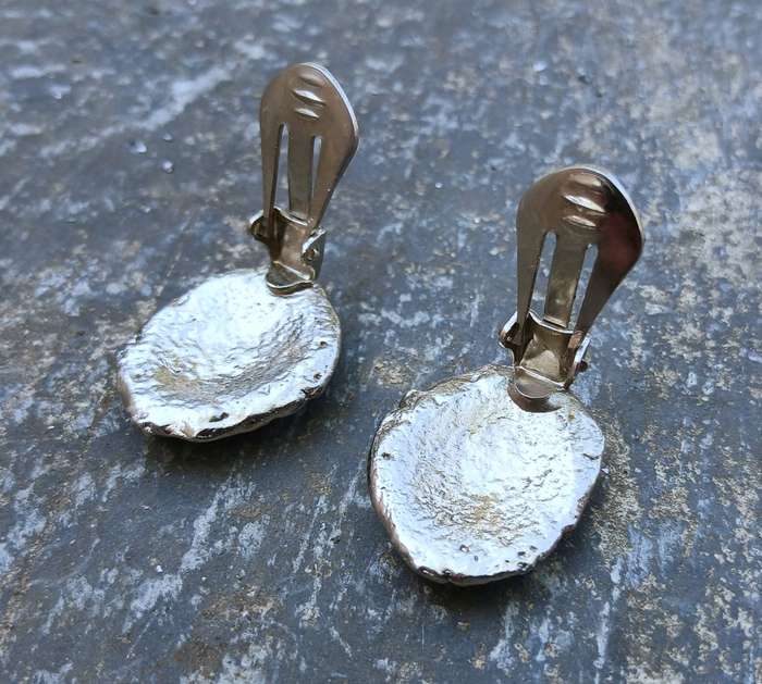 Vintage Modernist Silver-Tone Clip-On Earrings | Red Resin Accents