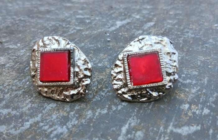 Vintage Modernist Silver-Tone Clip-On Earrings | Red Resin Accents