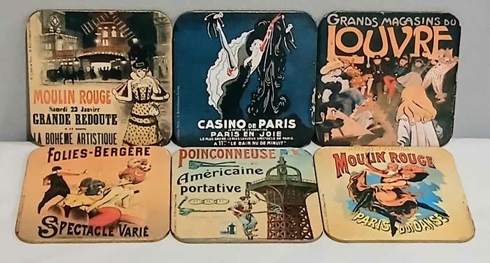 Vintage Parisian Poster Coaster Set (x6) | Moulin Rouge, Folies-Bergère, Belle Époque Style